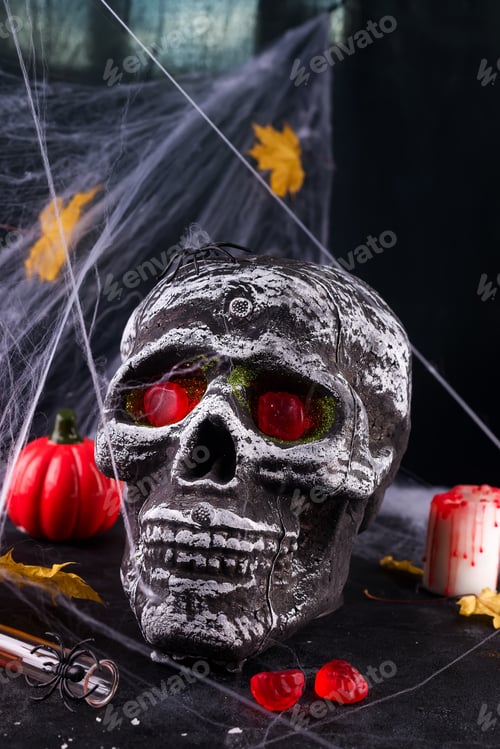 Preview: Happy Halloween Party Table with spider web and skull