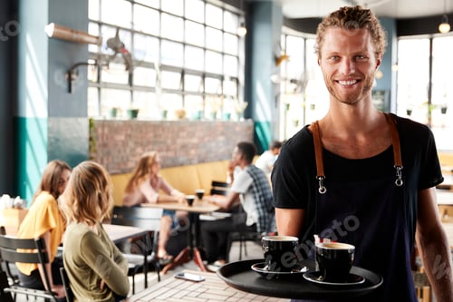 Preview: Portrait Of Waiter Serving Customers In Busy Coffee Shop
