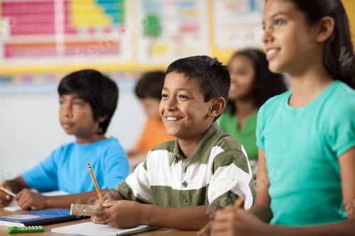 Preview: A group of young girls and boys in a classroom, classmates.