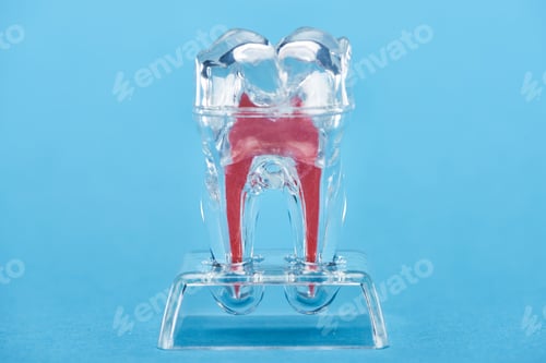 Preview: silicone tooth model with red dental root isolated on blue