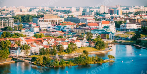 Preview: Aerial View, Cityscape Of Minsk, Belarus. Summer Season, Sunset.