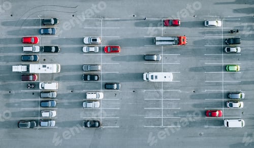 Preview: Aerial view of cars at car park, almost empty parking lot in Finland