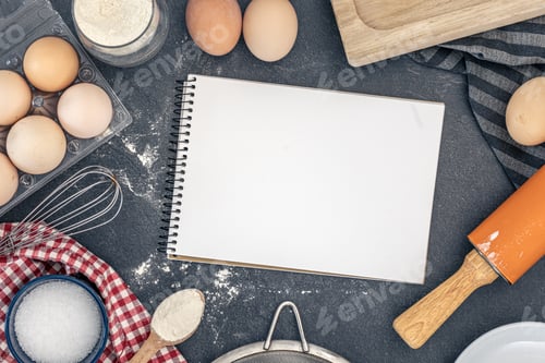Preview: Background with baking ingredients and blank book. Baking ingredients.
