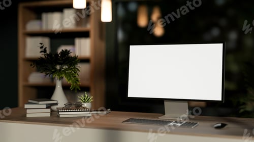 Preview: Blank screen computer with book and flower vase on wooden table in a living room or bedroom at night