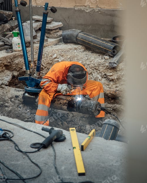 Preview: Vertical shot of a constructor welding a detail.
