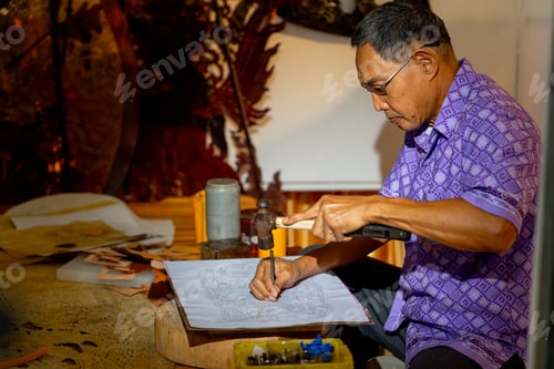 Preview: Side view of Asian senior man wear glasses use hammer and chisel to create grand shadow play craft