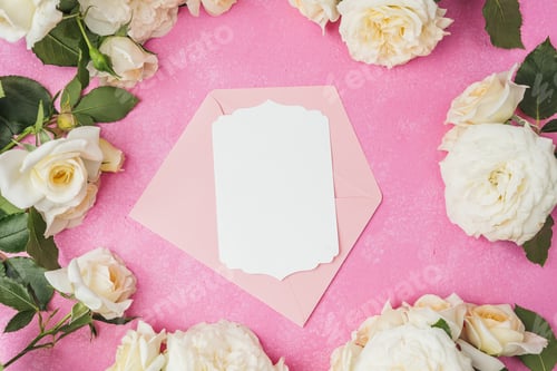 Preview: Blank white card on pink envelope surrounded by white roses on pink background