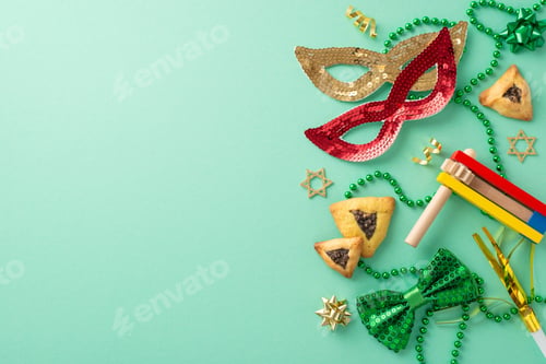 Preview: Invitation to a Purim gala. Top view shot of triangular cookies, Star of David motifs