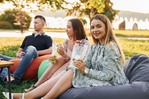 Preview: Beautiful sunlight. Group of young people have a party in the park at summer daytime