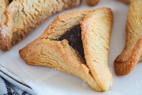 Preview: Hamantaschen cookies with chocolate for purim. Traditional Jewish dessert.