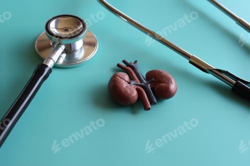 Preview: Close up image of kidney model and stethoscope on light green background