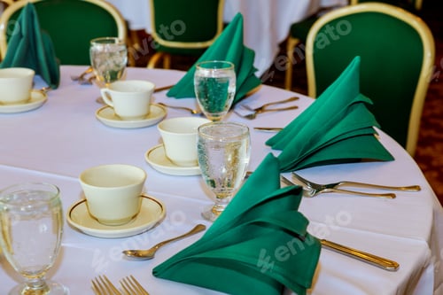 Preview: Served for a banquet catering table with wine glasses and plates for food