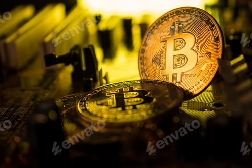 Preview: Golden coins with bitcoin symbol on a main board computer.