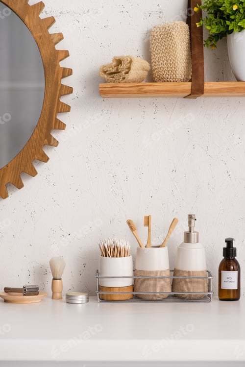 Preview: Bathroom with eco friendly objects and cosmetic products on shelves, zero waste concept