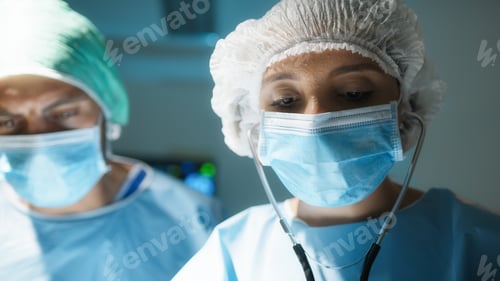 Preview: Female Doctor auscultates to the patient's heart with stethoscope