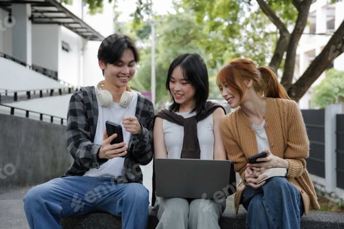 Preview: Group of three young asian people using technological devices and smiling