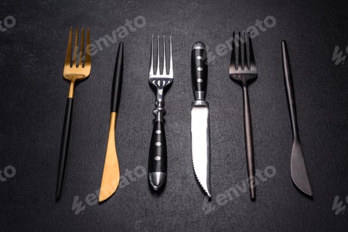 Preview: Several knives and forks in black gold and silver on a dark concrete background