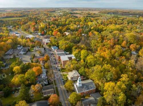 Preview: Late afternoon aerial autumn image of the area surrounding the Village of Trumansburg, NY, USA