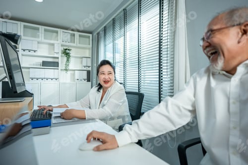 Preview: Asian senior elderly businessman and woman worker working in the office.