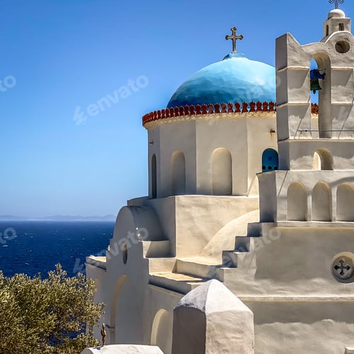 Preview: Traditional bells tower and blue dome of the orthodox white churches, Sifnos island, Greece