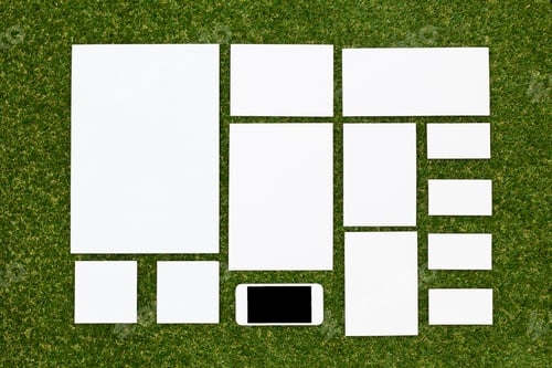 Preview: White paper sheets arranged neatly on a green grass surface with a smartphone placed among them for