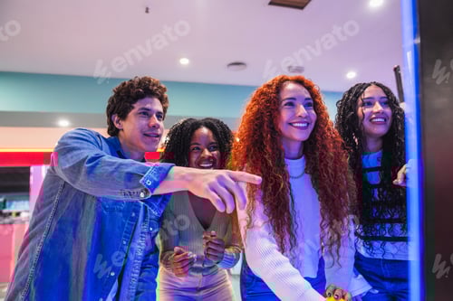 Preview: Friends playing arcade game in bowling alley having fun