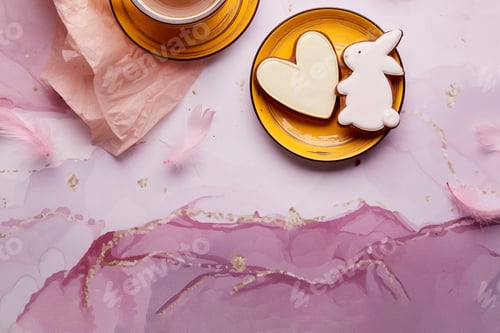 Preview: Easter pastel background - cute cookies, copy space. Spring card with baked glazed symbols of Easter