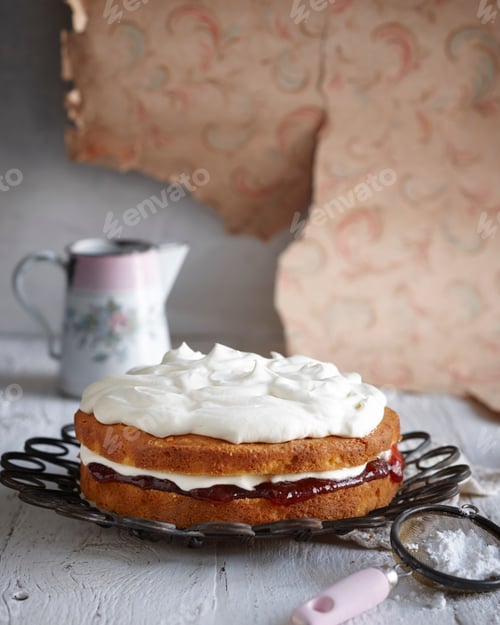 Preview: Iced sponge custard cake on vintage dish