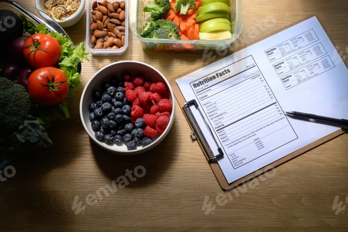 Preview: Nutritionist concept, Fruit and vegetable on table with Nutrition Facts on table