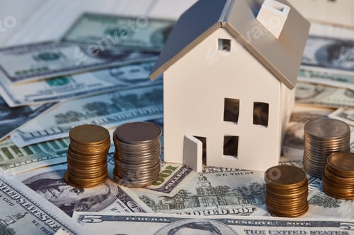 Preview: white house model on dollar banknotes with coins, real estate concept