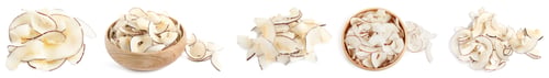 Preview: Set of tasty coconut chips isolated on white. Banner design