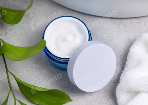 Preview: Opened blue cosmetic cream jar with white lid on grey stone near green leaves and bath towel mockup