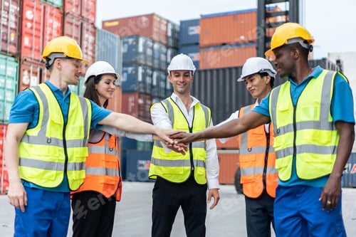 Preview: Group of young male and female worker working in container terminal.