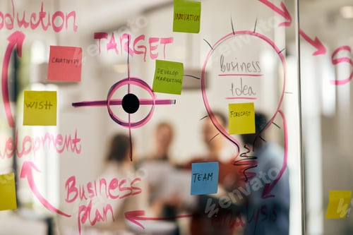 Preview: Mind map and business strategy on a glass wall in the office.