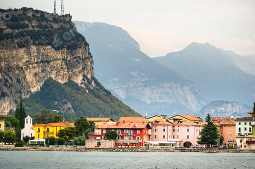 Preview: Beautiful lake Lago di Garda and the village of Torbole, Alpine scenery. Italy