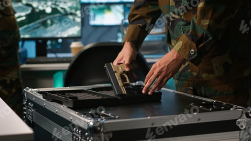 Preview: Close up of army soldier in command center packing guns