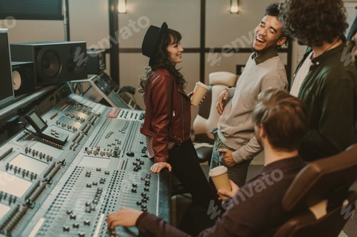 Preview: music band having fun at sound recording studio