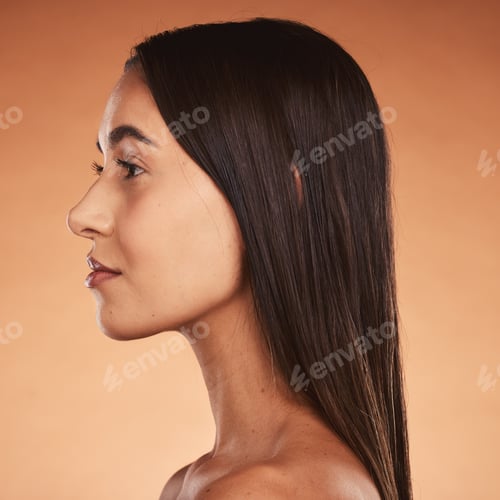 Preview: Beauty, skincare and hair care, profile of woman in studio with luxury makeup and care for healthy