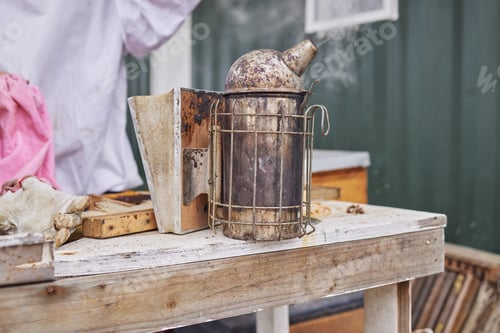 Preview: A bee smoker will help you keep things calm. Shot of a bee smoker on a farm.