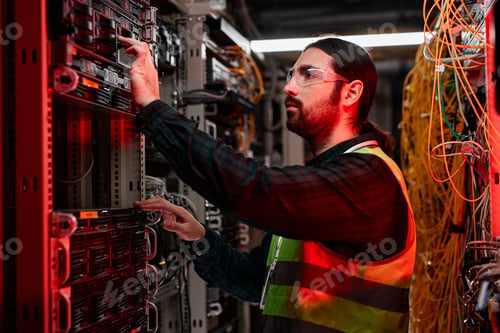 Preview: Bearded network technician inspecting servers in data center