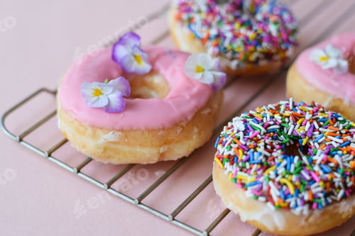 Preview: Colorful donuts on a cooling rack on pink background