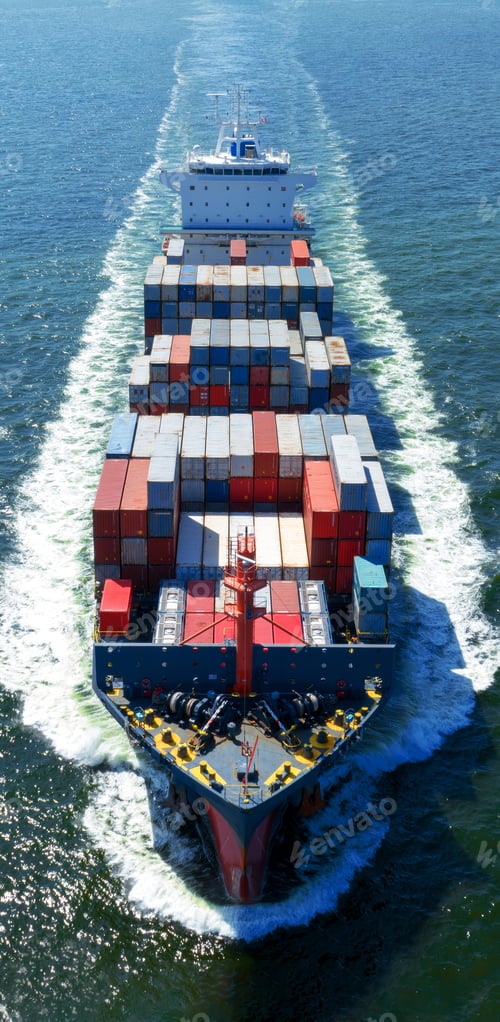 Preview: front view Cargo Container ship with contrail in the ocean ship carrying container