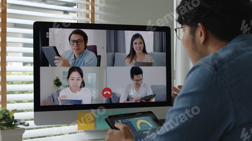 Preview: Group of asia team people chat online with casual work at home office self learn in job