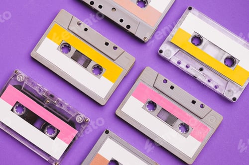 Preview: Collection of cassette tapes on purple background.