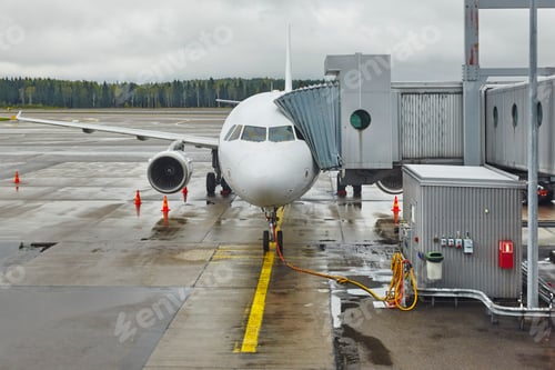 Preview: Airport runaway with airplane an finger. Travel background