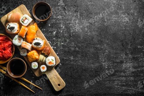 Preview: Sushi Rolls and Soy Sauce on Wooden Board