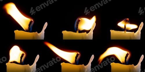 Preview: Set of candle flames isolated on black background, a collection of six images to overlay