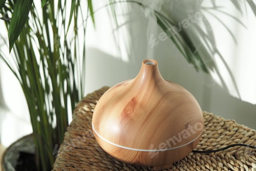 Preview: Aromatherapy diffuser resting on a woven mat by plants