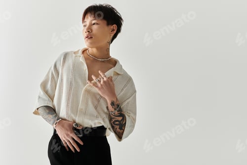 Preview: Stylish Asian man showcasing contemporary fashion in a minimalist studio setting