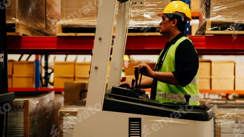 Preview: Professional warehouse worker driver moving cardboard boxes